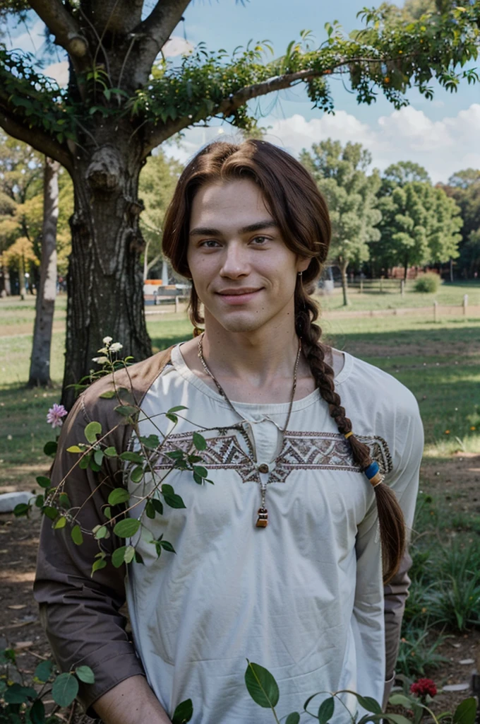 Jeess, 1boy,red skin, muscular male, white hair, voluminous hair, black eyes, single braids, cowboy shot, smile, forest, tree, grass, flowers, looking at viewer, (best quality, masterpiece)