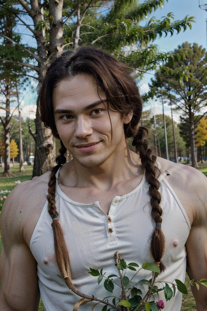 Jeess, 1boy,red skin, muscular male, white hair, voluminous hair, black eyes, single braids, cowboy shot, smile, forest, tree, grass, flowers, looking at viewer, (best quality, masterpiece)