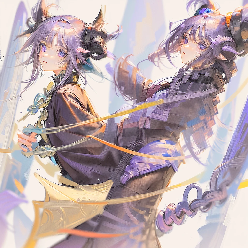 A young girl with dark brown skin, gray and lilac eyes, straight and medium purple hair with yellow tips, kimetsu no yaiba outfit with purple colors, white and yellow, estilo kimetsu no yaiba