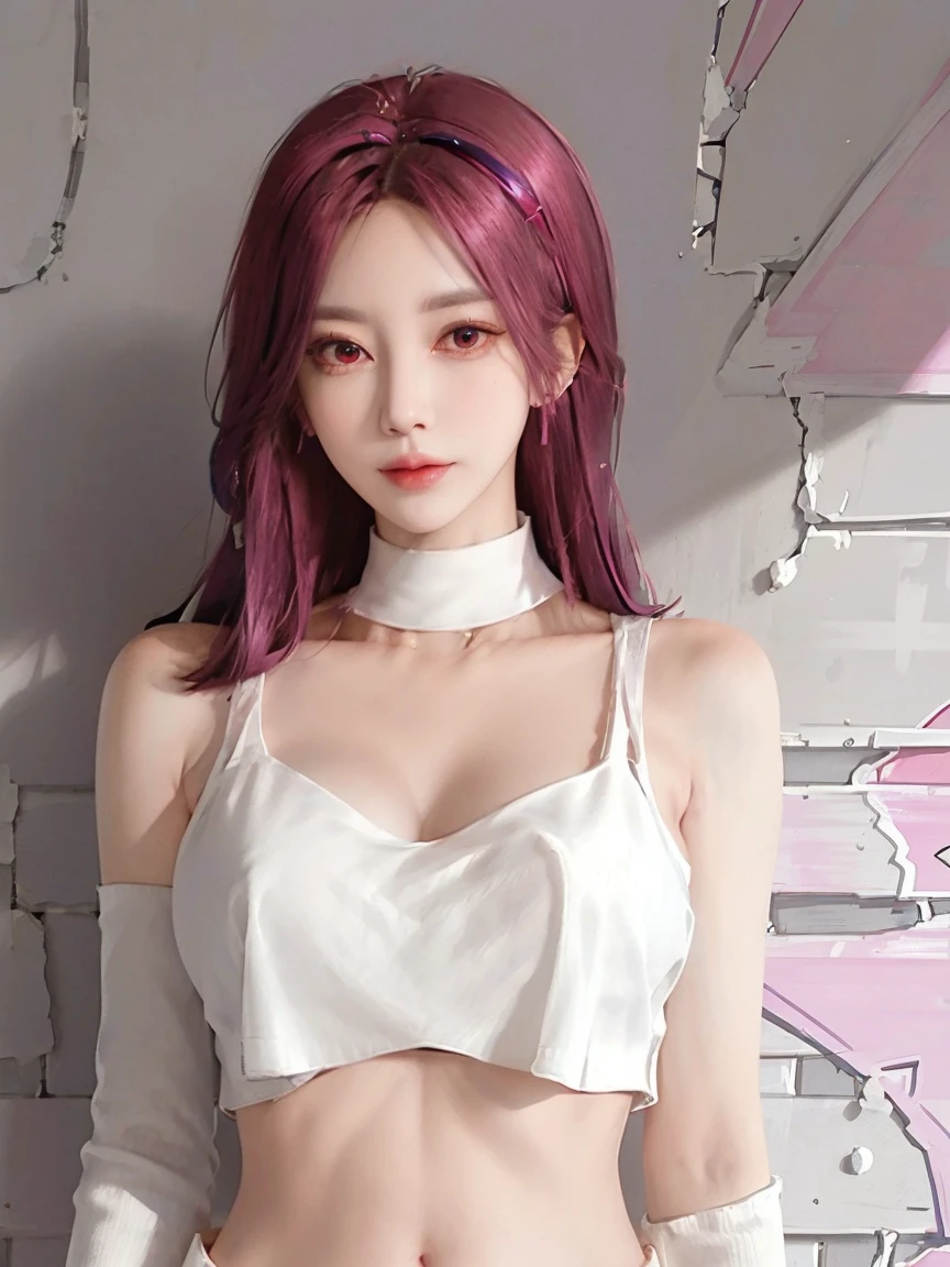(Masterpiece, best quality, 1 girl, alone, complicated details, Chromatic aberration), realistic, ((Moderate breath)),long hair, pink hair, Red headpiece, Pink Highlights, hair on one eye,purple eyes, earring, sharp eyes, choker, Neon coat, She wears a collar, bangle, and kimono style garters., crop top, (symmetrical eyes),(Perfect symmetrical body),against the wall, Brick wall, (colorful graffiti words on the wall:1.2), The light is dim., alley ,Look at the viewer.、Dig the chest、smile、(sleeveless、Navel touch、Fitted turtleneck.)、street string hot pants、Thin bottom、Please build above the eaves..、Thin shoulders、
