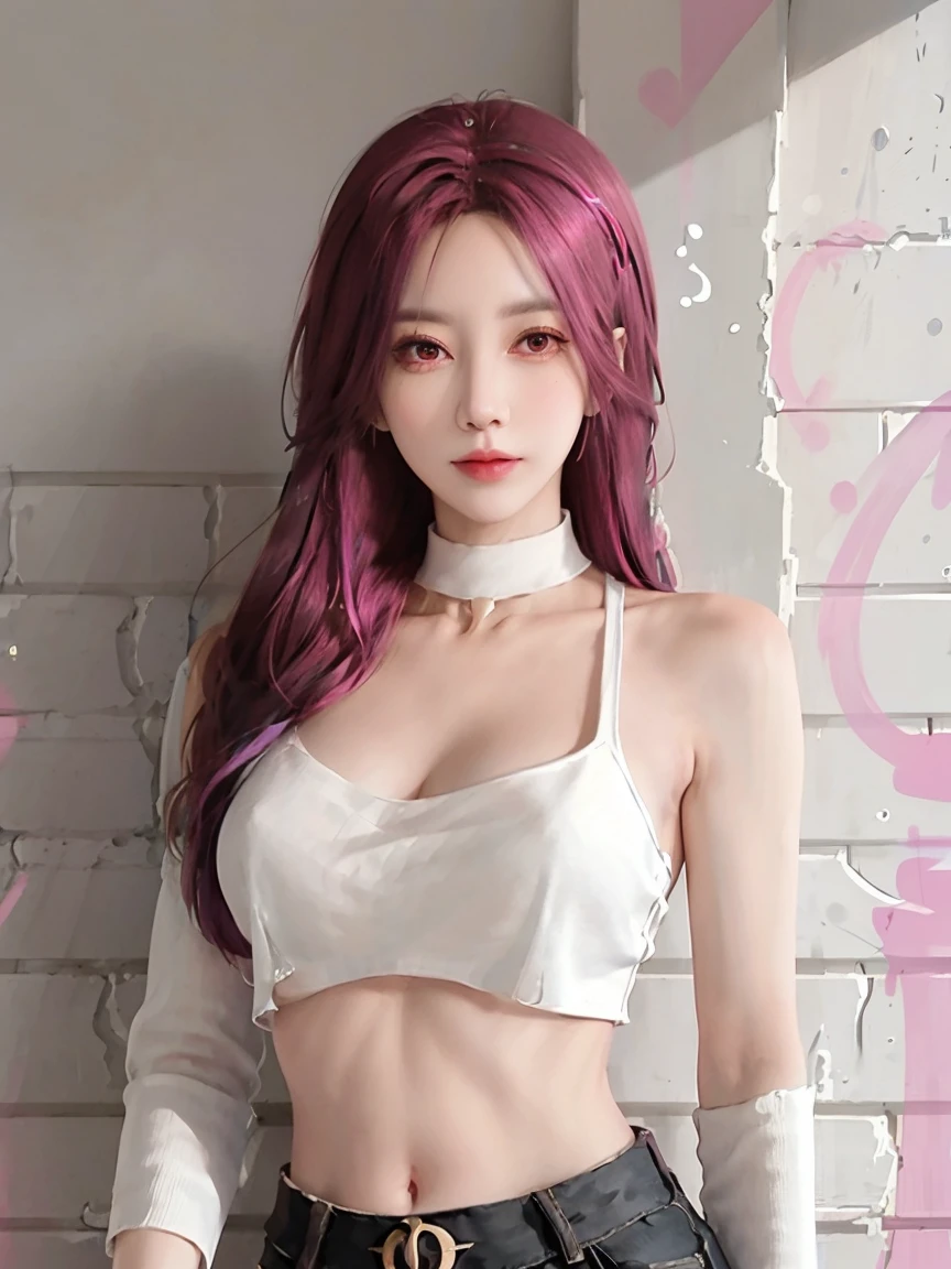 (Masterpiece, best quality, 1 girl, alone, complicated details, Chromatic aberration), realistic, ((Moderate breath)),long hair, pink hair, Red headpiece, Pink Highlights, hair on one eye,purple eyes, earring, sharp eyes, choker, Neon coat, She wears a collar, bangle, and kimono style garters., crop top, (symmetrical eyes),(Perfect symmetrical body),against the wall, Brick wall, (colorful graffiti words on the wall:1.2), The light is dim., alley ,Look at the viewer.、Dig the chest、smile、(sleeveless、Navel touch、Fitted turtleneck.)、street string hot pants、Thin bottom、Please build above the eaves..、Thin shoulders、in underwear、in sportbar、