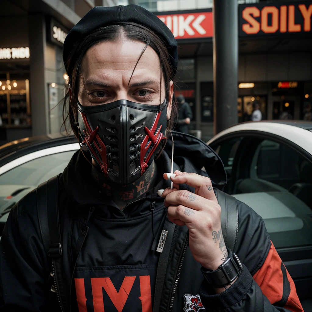 sid wilson wearing he's iconic mask, holding cigarette, cybercity, alone, chill expression 