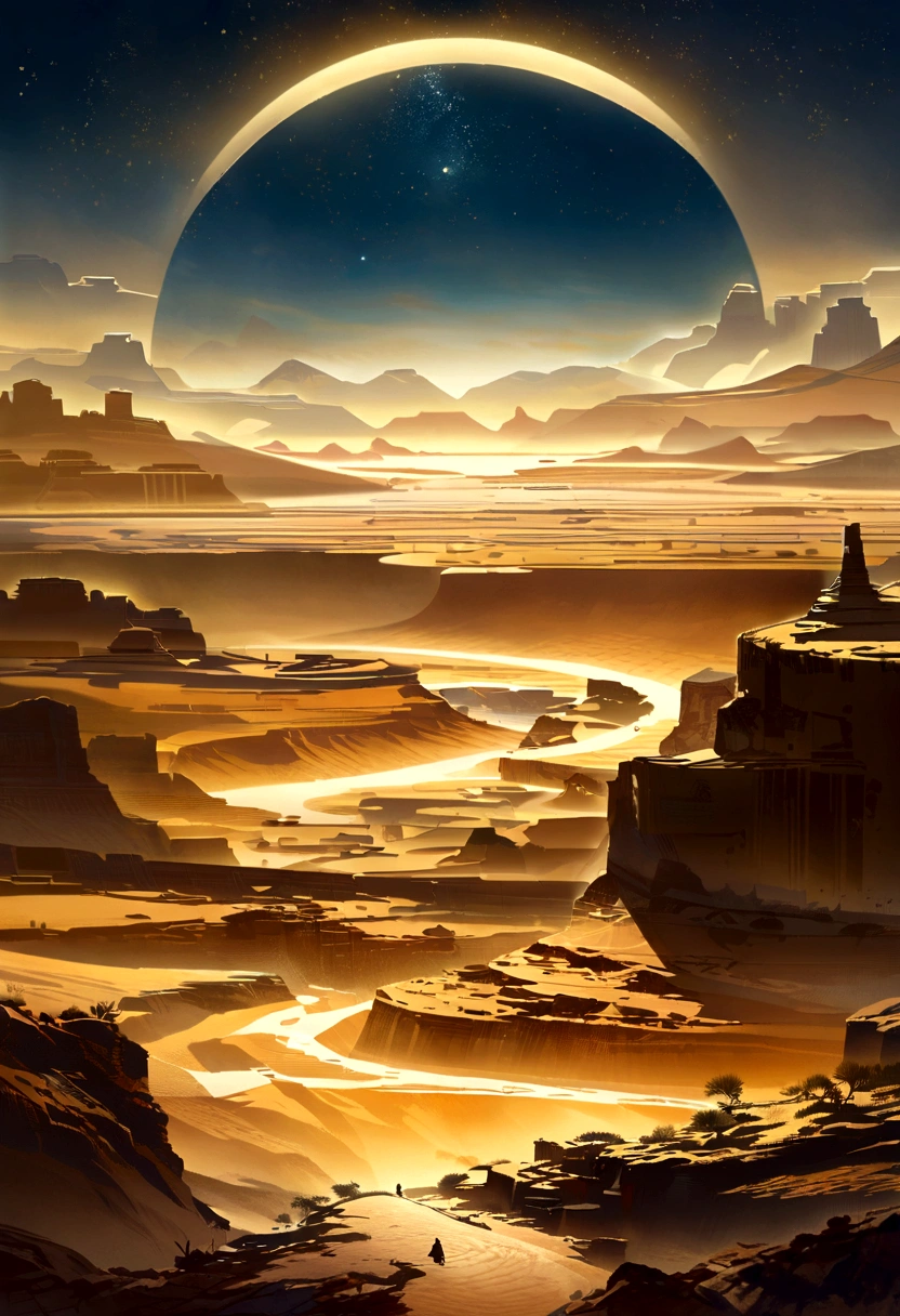 Yellow sand in the night stary sky, there are stars in the sky, The background is a vast desert, A silhouette of a man，digital landscape art, Detailed scenery ,landscape artwork, environment design illustration, scenery art detailed, Desert oasis landscape, concept-art, 4k highly detailed digital art, 4 k digital painting, 4k digital painting, stunning digital illustration, Desert background, digital painting concept art, Detailed digital painting