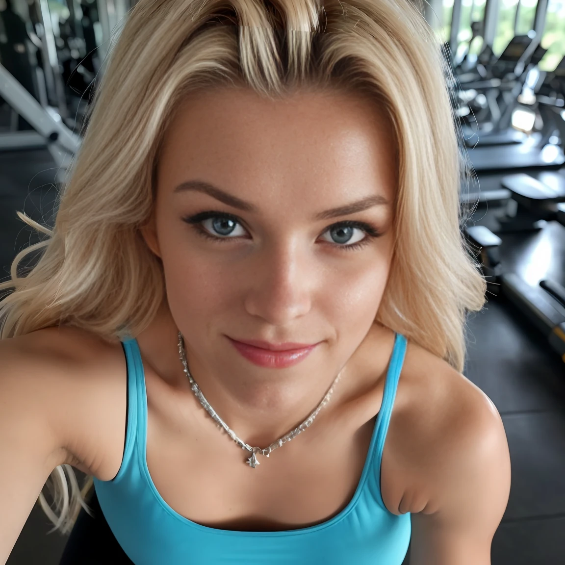 (Selfie, View from the top: 1.4), (straight half of the body: 1.4), RAW uhd photo of a 24 year old blonde (woman with light blue eyes) doing yoga pose, whole body , lifting weights in the gym (), (neckleace), detaileds (texturas! , body hair! , sheen, Farbe!! , Disadvantages: 1.1), olhos brilhantes com muitos detaileds (looking at the camera), SLR Lighting, SLR Camera, ultra-quality, sharpening, Depth of field, Film grain (downtown), Fujifilm XT3, clear as crystal, frame downtown, beautiful  face, sharp focus detailed skin pores, greasy skin, sunburn, complex eye detaileds, whole body, breasts big , yoga pants, working out at the gym