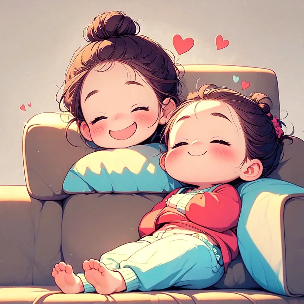cartoon child with happy face and hands on tablet sitting on couch saying something with heart ears coming up above her, 1girl, solo, shorts, heart, phone, closed eyes, open mouth, white background, sweater, couch, shoes, blush, smile, lying, cellphone, simple background