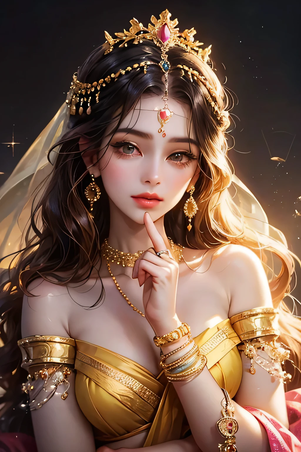 Goddess, very beautiful, animated style, closeup shot, anime in a yellow and pink combination indian saree, long black wavy hair untied, head jewellery, head clips, head chains, head tiara, necklace, long and beautiful earings, armlets, bangles and bracelets, rings, pleasant expression, bright big black eyes, holding a flower, natural beauty, vibrant colors, dreamy, northern light, pink bubble, romantic, soft lighting, vintage aesthetic