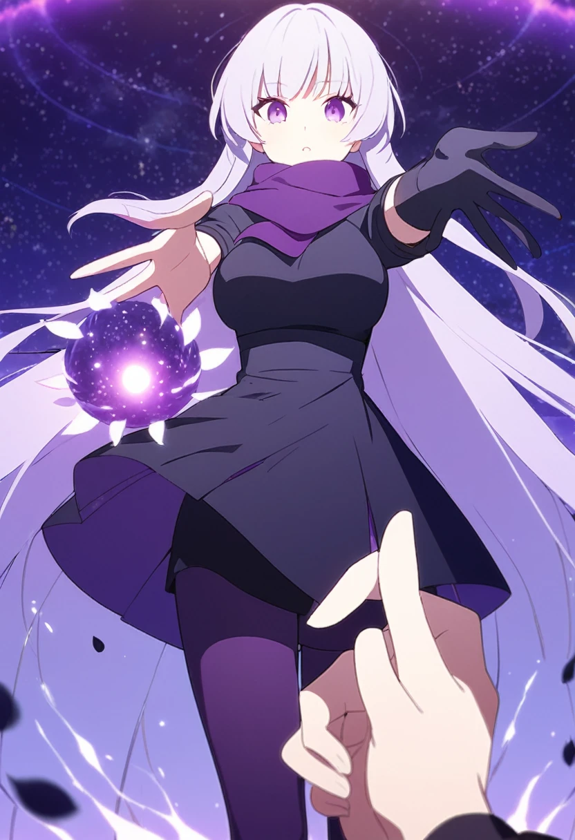 Extra long purple hair，Purple Eyes，The figure is very perfect，The body proportions are also very normal，Adult female aged 23，Wearing black and purple tights，A purple scarf on the wrist，And holding a purple fire lotus in his left hand，The right hand holds a purple-black hole，First person open hands action，The background is purple, the universe and the starry sky