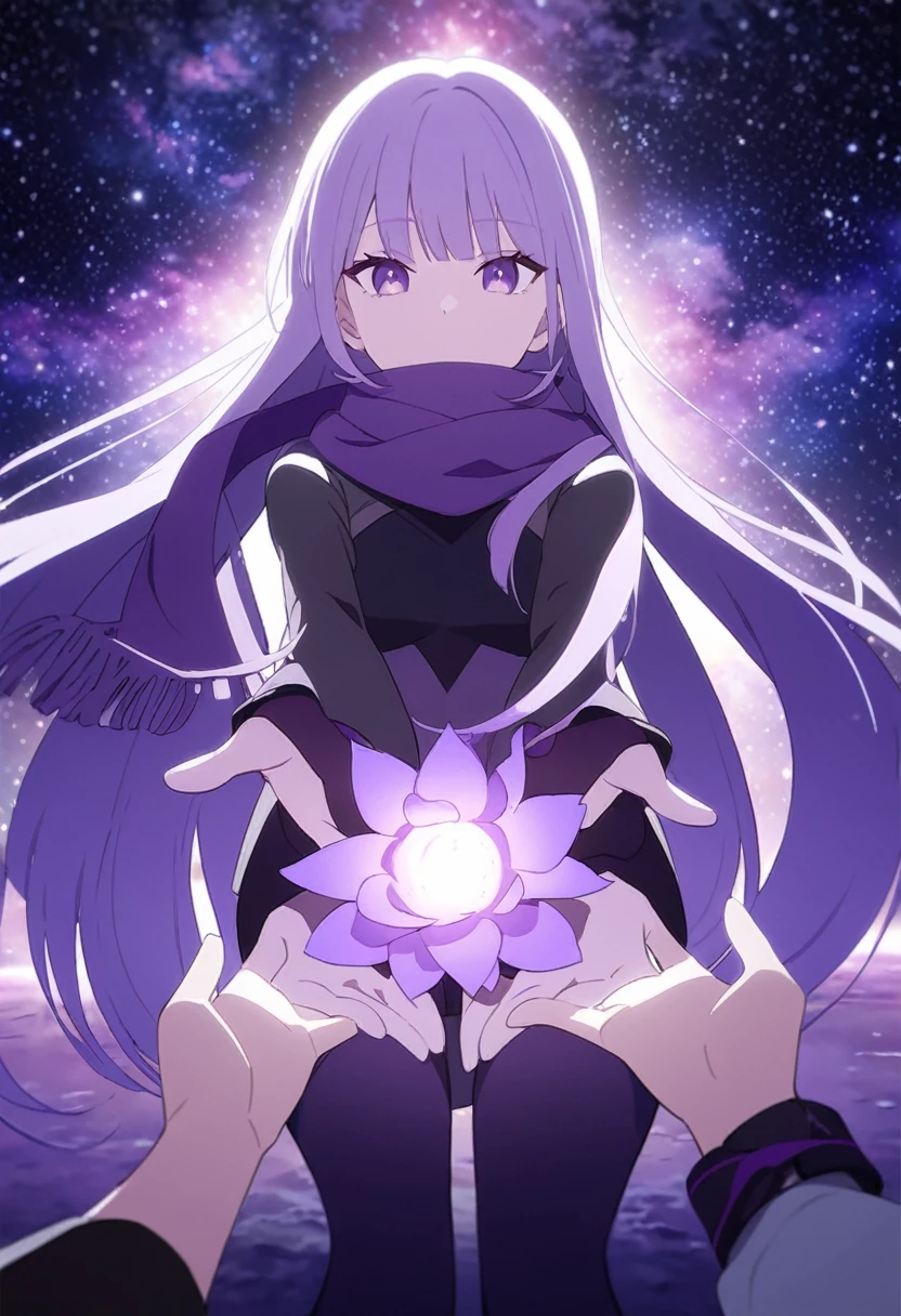 Extra long purple hair,Purple Eyes,The figure is very perfect,The body proportions are also very normal,Adult female aged 23,Wearing black and purple tights,A purple scarf on the wrist,And holding a purple fire lotus in his left hand,The right hand holds a purple-black hole,First person open hands action,The background is purple, the universe and the starry sky