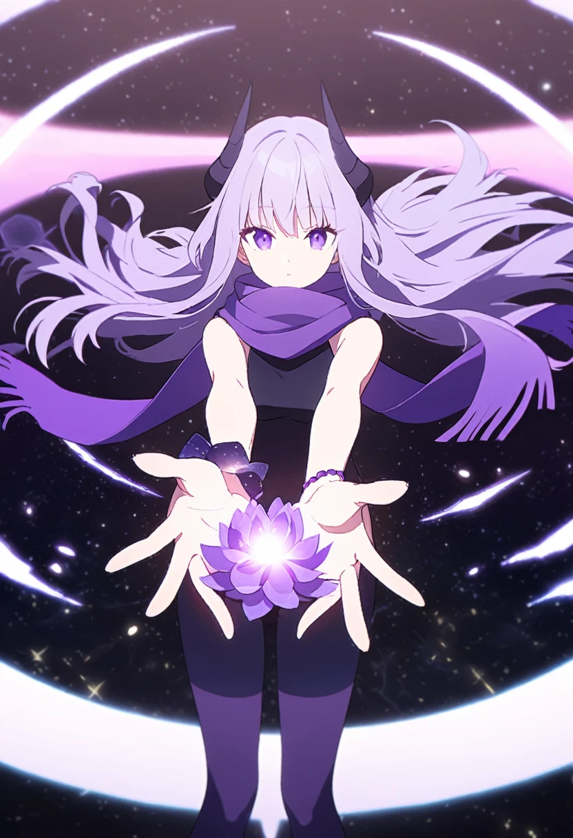 Extra long purple hair,Purple Eyes,The figure is very perfect,The body proportions are also very normal,Adult female aged 23,Wearing black and purple tights,A purple scarf on the wrist,And holding a purple fire lotus in his left hand,The right hand holds a purple-black hole,First person open hands action,The background is purple, the universe and the starry sky