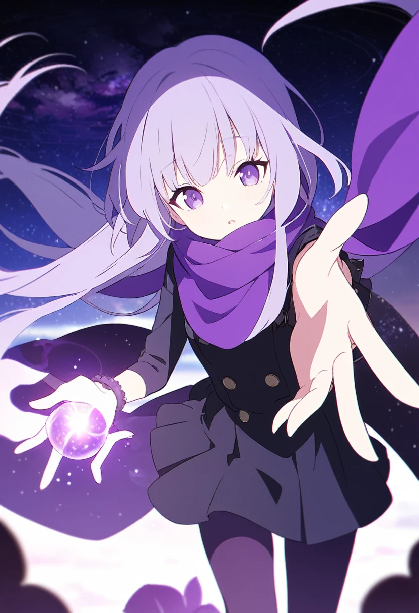 Extra long purple hair,Purple Eyes,The figure is very perfect,The body proportions are also very normal,Adult female aged 23,Wearing black and purple tights,A purple scarf on the wrist,And holding a purple fire lotus in his left hand,The right hand holds a purple-black hole,First person open hands action,The background is purple, the universe and the starry sky
