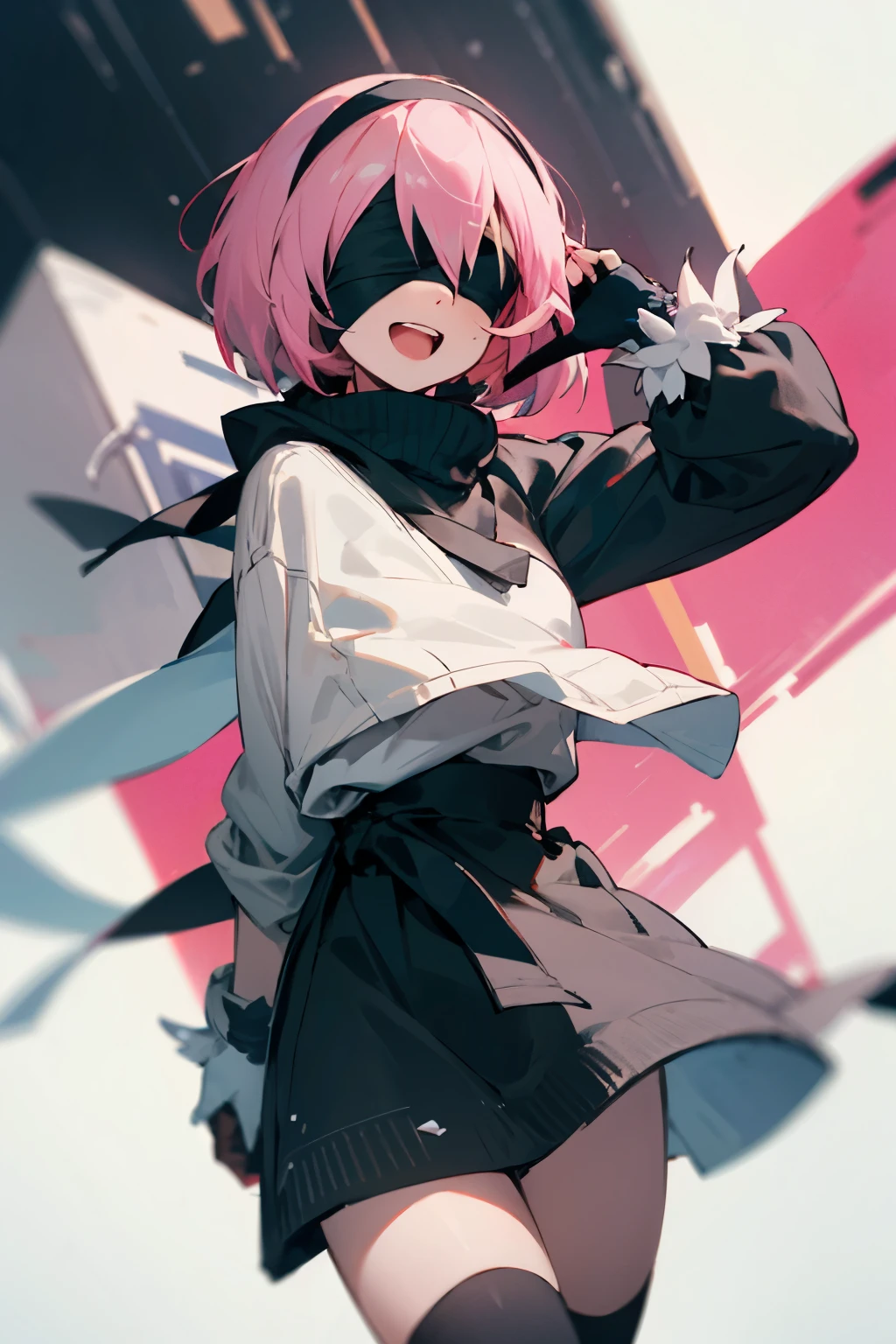 2B_NA, pink hair, black blindfold, black hairband, with a white sweatshirt, with long black socks, happy