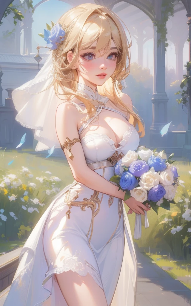 a married couple, beautiful detailed eyes, beautiful detailed lips, extremely detailed eyes and face, long eyelashes, elegant wedding dress, smiling, loving embrace, outdoor garden setting, golden hour lighting, cinematic composition, romantic, intricate floral arrangements, lush greenery, (best quality,4k,8k,highres,masterpiece:1.2),ultra-detailed,(realistic,photorealistic,photo-realistic:1.37),cinematic lighting,vibrant colors,professional portrait