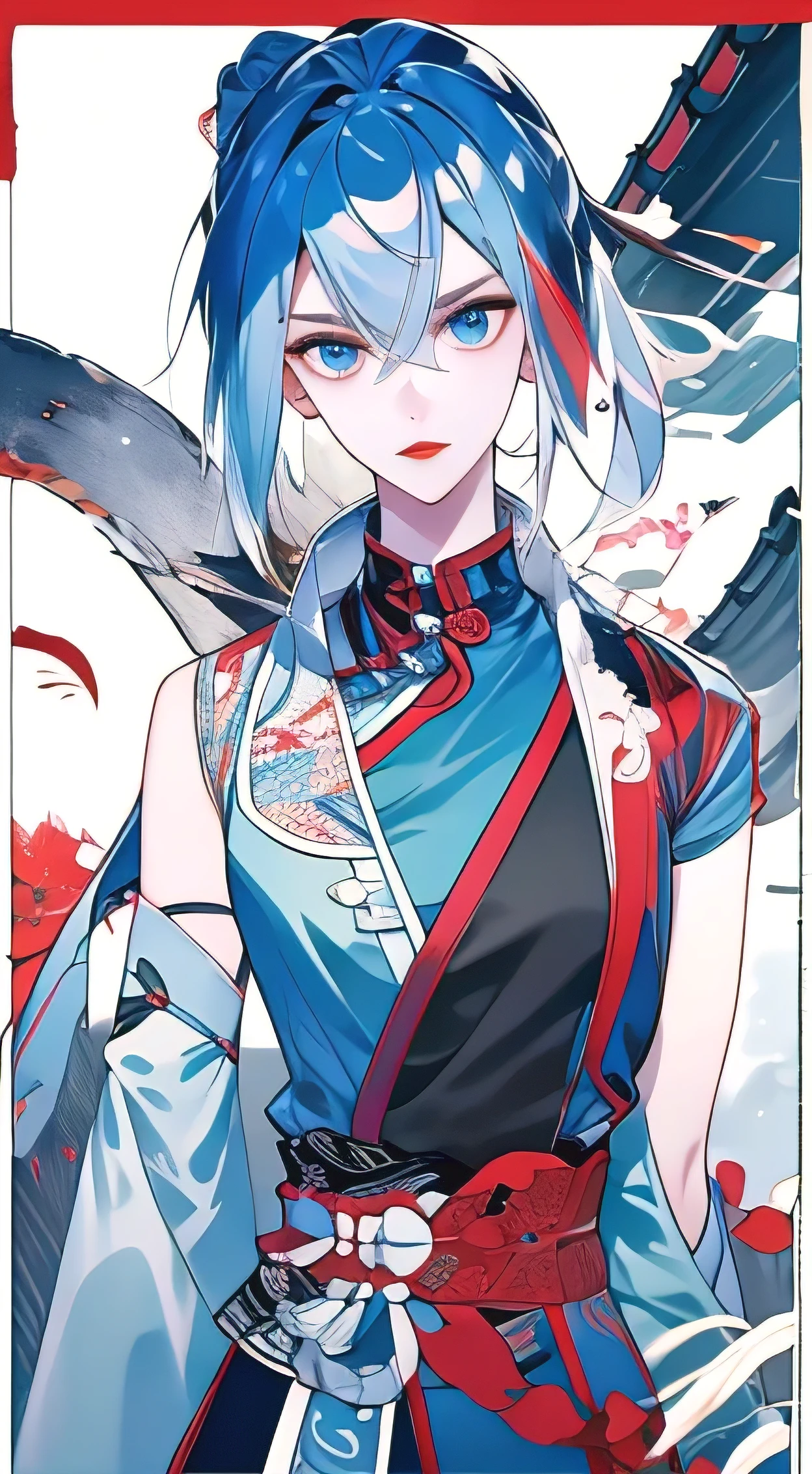Masterpiece, Best quality, 1 Ji Ruxue, the expression is cold, strong, blue eyes, short hair, wolfcut hairstyle, smoky mix blue color hair, resolute eyes, red lips, simple Taoist Taoist uniform, Chinese mix morden, frontal photo, black or white background, simple background, アニメ, illustration, half body, Chinese style short-sleeved shirt, cool girl, Ji Ru Xue, Fullbody