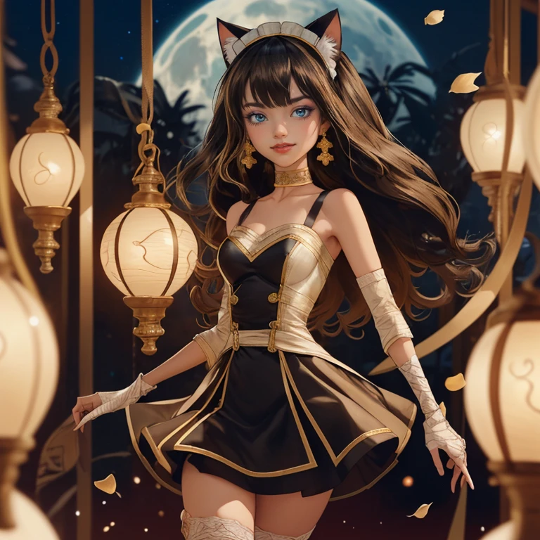 ((high quality)), ((Work of art)), (more detail), 1girl, centered, a girl with a light brown skinny, award winning upper body portrait, cowboy shot, solo, brown hair, long hair, wave hair, Egyptian aesthetic, black shirt, black skirt, blue knee boots, smiling, Egypt style, space scenery, gold lanterns, white roses, full moon,  depth of field, cinematic composition, night, white roses, smile, gothic dress, black dress, black dress with transparency, blue laces, black gloves, black high socks, blue high hills boots, gold jewelry, jewelry, space, white roses on focus, Cleo de Nilo_(monster high), Monster High, looking at the viewer, more details on the clothes, petals in the air, two arms, two legs, two hands, five fingers, space scene, 1girl, black maid dress, jewelry, brown hair, flowing hair, long hair, maid dress with a short skirt and layers, blue laces, blue boots, black dress with transparency, gold details on her clothes, cat ears, animal ears,  more details, perfectly body, perfectly hands, two hands, two legs, two arms, five fingers, glowing hair, best quality, alone, maid headdress, choker, detached sleeves, maid dress, maid black dress, strapless, masterpiece, best quality, detailed face, night, asymmetrical gloves, bangs, black short skirt , black gloves, white boots, earrings, elbow gloves, fishnet thighhighs, fish masterpiece, solo, best quality, detailed face, gloves, hair between eyes, jewelry, long hair, looking at viewer, single earring, sky, sleeveless, solo, thigh boots, thigh highs, uneven gloves, solo, alone, Looking at the viewer, More details on the clothes, white roses on her hair, space scenery, maid, maid dress, green details, white roses, maid headdress, maid apron, long hair, seat on the Saturn rings, more details on her clothes, gold details on her 