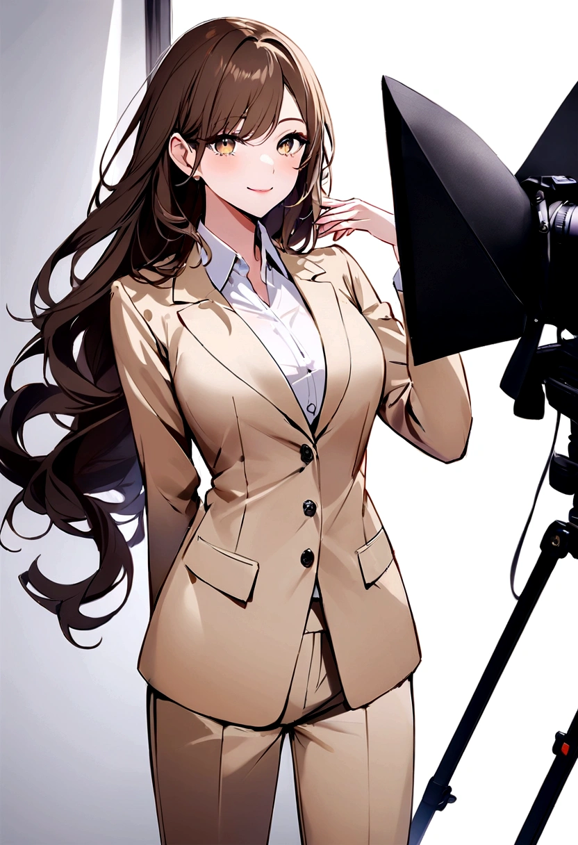 She is an elegant woman with long brown hair that cascades over her shoulders.. His eyes are deep and dark, standing out in contrast to her clear, flawless skin. Wearing a beige blazer and beige pants, She radiates confidence and professionalism with every step she takes. Smiling and reflecting your dedication to work and your pursuit of excellence in everything you do. In a photo studio setting with a white background