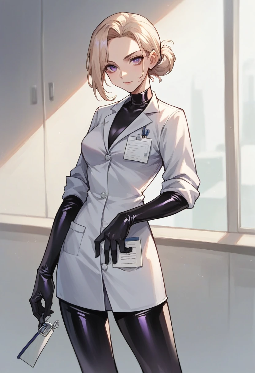1girl, light hair, ((black elbow gloves)), ((surgical gloves)), ((latex gloves)), ((long sleeves)) ((purple surgeon outfit)), looking at viewer, ((doctor)), standing, solo