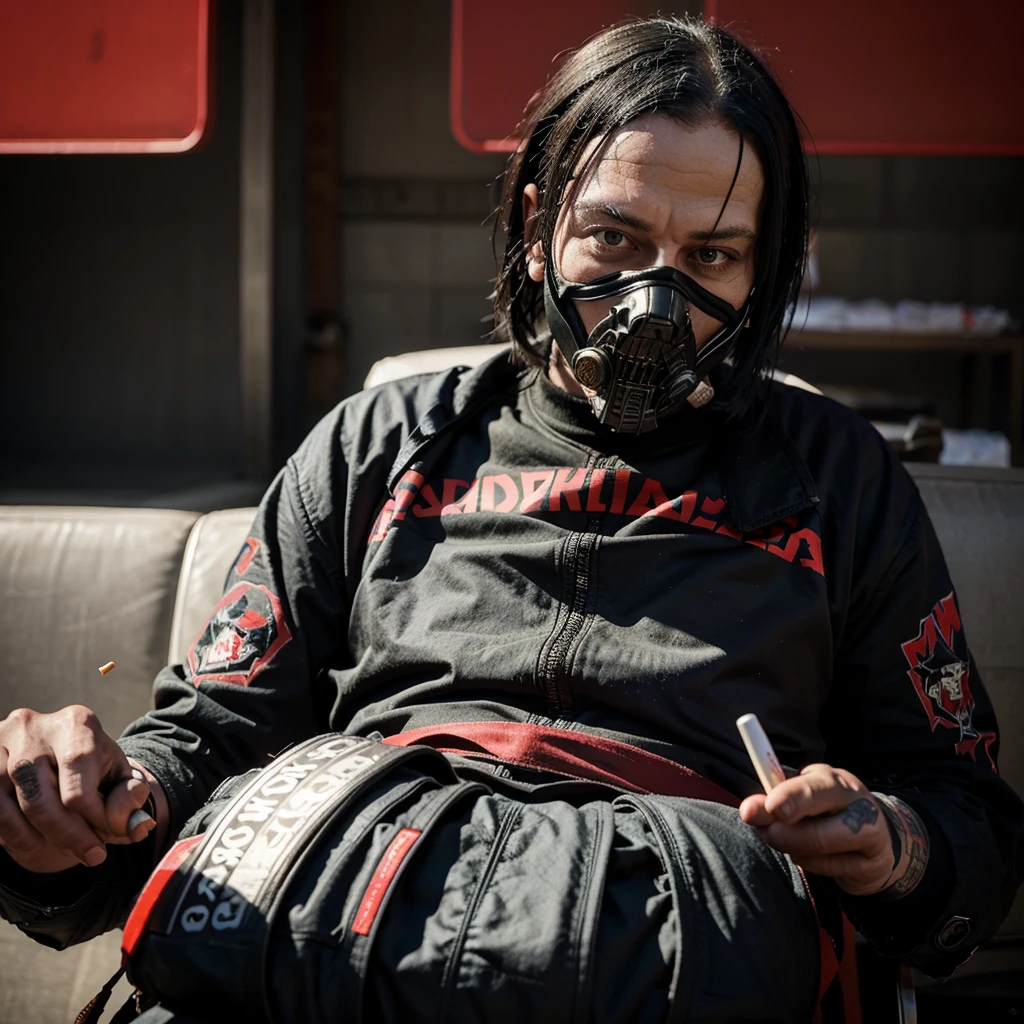 sid wilson from the slipknot band wearing he's iconic mask, holding cigarette, alone, chill expression 