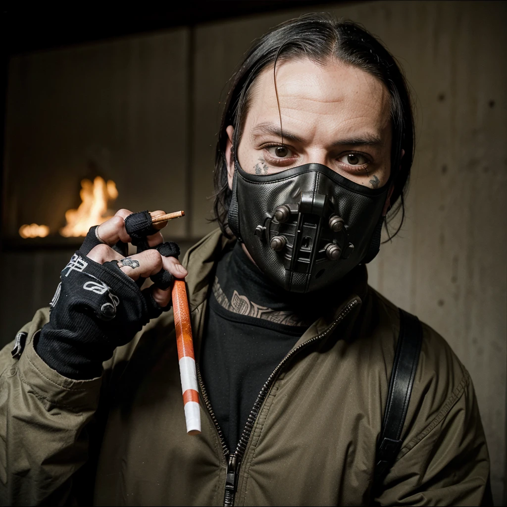 sid wilson from the slipknot band wearing he's iconic mask, holding cigarette, alone, chill expression