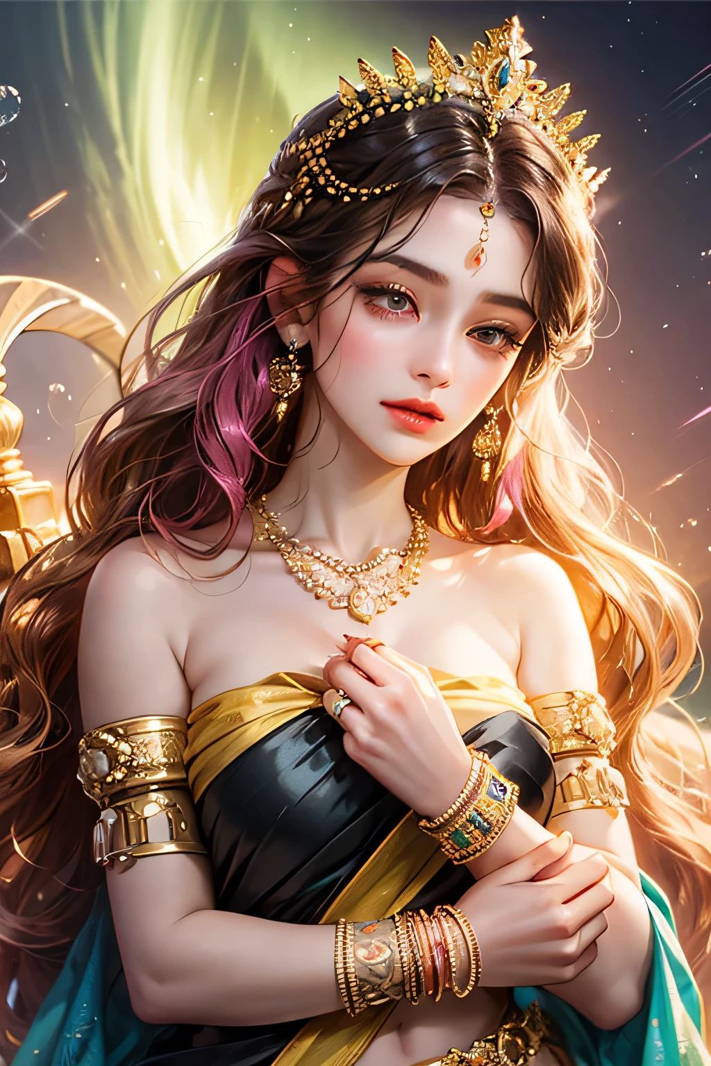 Goddess, very beautiful, animated style, closeup shot, anime in a yellow and pink combination indian saree, long black wavy hair untied, head jewellery, head clips, head chains, head tiara, necklace, long and beautiful earings, armlets, bangles and bracelets, rings, pleasant expression, bright big black eyes, holding a flower, natural beauty, vibrant colors, dreamy, northern light, pink bubble, romantic, soft lighting, vintage aesthetic