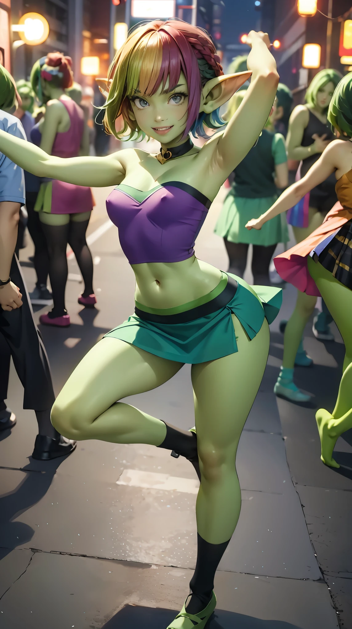 1 girl, short hair, green goblin girl, green skin, small pointy ears, ((rainbow hair)), wearing short skirt and tube top, no bra, wearing rainbow knee-socks, wearing knee socks, smiling, full body, outdoors in tokyo, performing a tiktok dance in the streets of tokyo, nighttime, dynamic lighting, dynamic pose, cinematic still, action shot, action pose, dancing, dancer, having fun, being recorded by multiple people with cameraphones, center of attention, dark