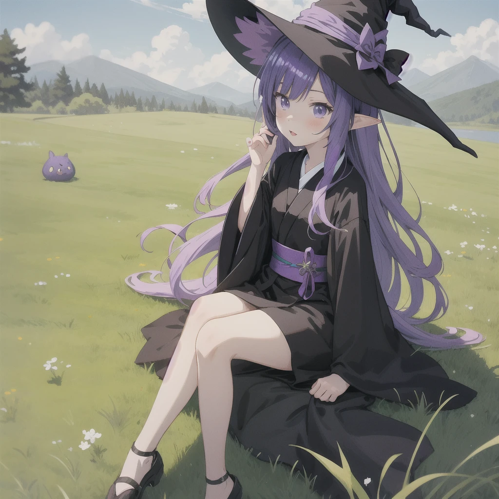 anime girl long purple hair wearing a black Robe. she has pointy ears. Witch Hat. Manga kawaii. iridescent ,An illustration, 0ne person .Sitting in the grass, hair blowing in the wind