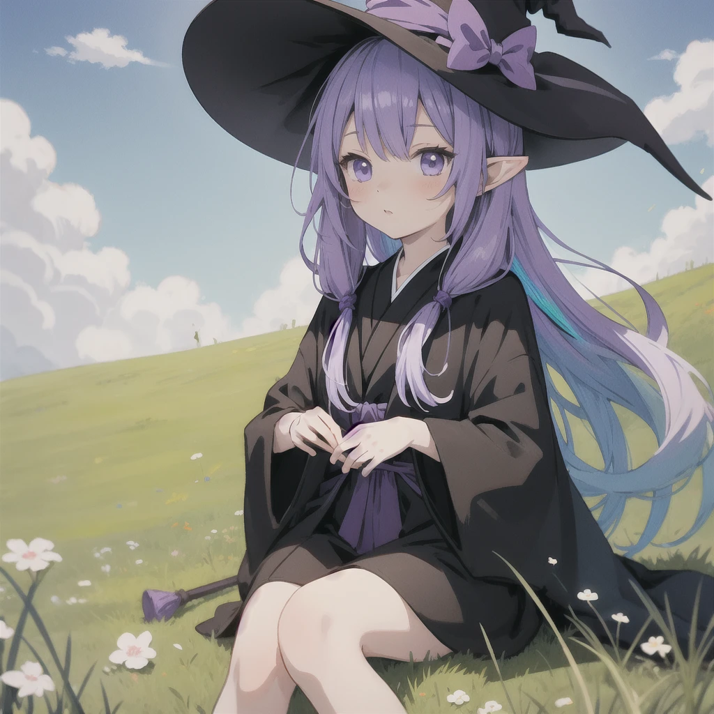 anime girl long purple hair wearing a black Robe. she has pointy ears. Witch Hat. Manga kawaii. iridescent ,An illustration, 0ne person .Sitting in the grass, hair blowing in the wind