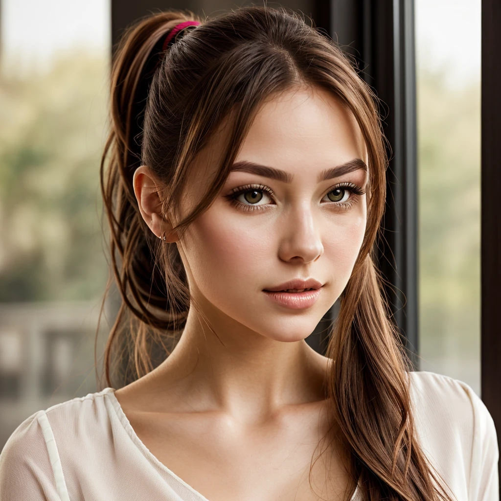 Portrait of a young woman with a very specific and detailed look:
Facial features:
face: Oval and symmetrical, with smooth and clear skin, free of imperfections.
Eyes: Large and expressive, light brown. The eyelashes are long and curved, adding depth to your look.
Eyebrows: Perfectly arched and well defined, a shade slightly darker than her hair.
nose: Small and refined, well proportioned with the rest of his features.
lips: Full and well defined, with a natural pink color. His expression is soft and friendly.
Hair:
color: deep red, vibrant and bright.
Style: Collected in a high and elegant ponytail. The hair is long and straight, and the ponytail stays well held, no loose strands.
texture: Silky and smooth, reflecting light naturally.
context:
bottom: A bright room with large windows that allow in natural light. The background is neutral and does not distract from the main subject.
outfit:
Upper part: A simple but elegant white blouse, that highlights the naturalness and beauty of the young woman.
Atmosphere and tone:
The image should convey a feeling of tranquility and freshness. Lighting should be soft and natural, no harsh shadows.
Please, Make sure all these details are captured faithfully so that the representation of the young woman is as close as possible to the image provided, with the only modification of the ponytail hairstyle.