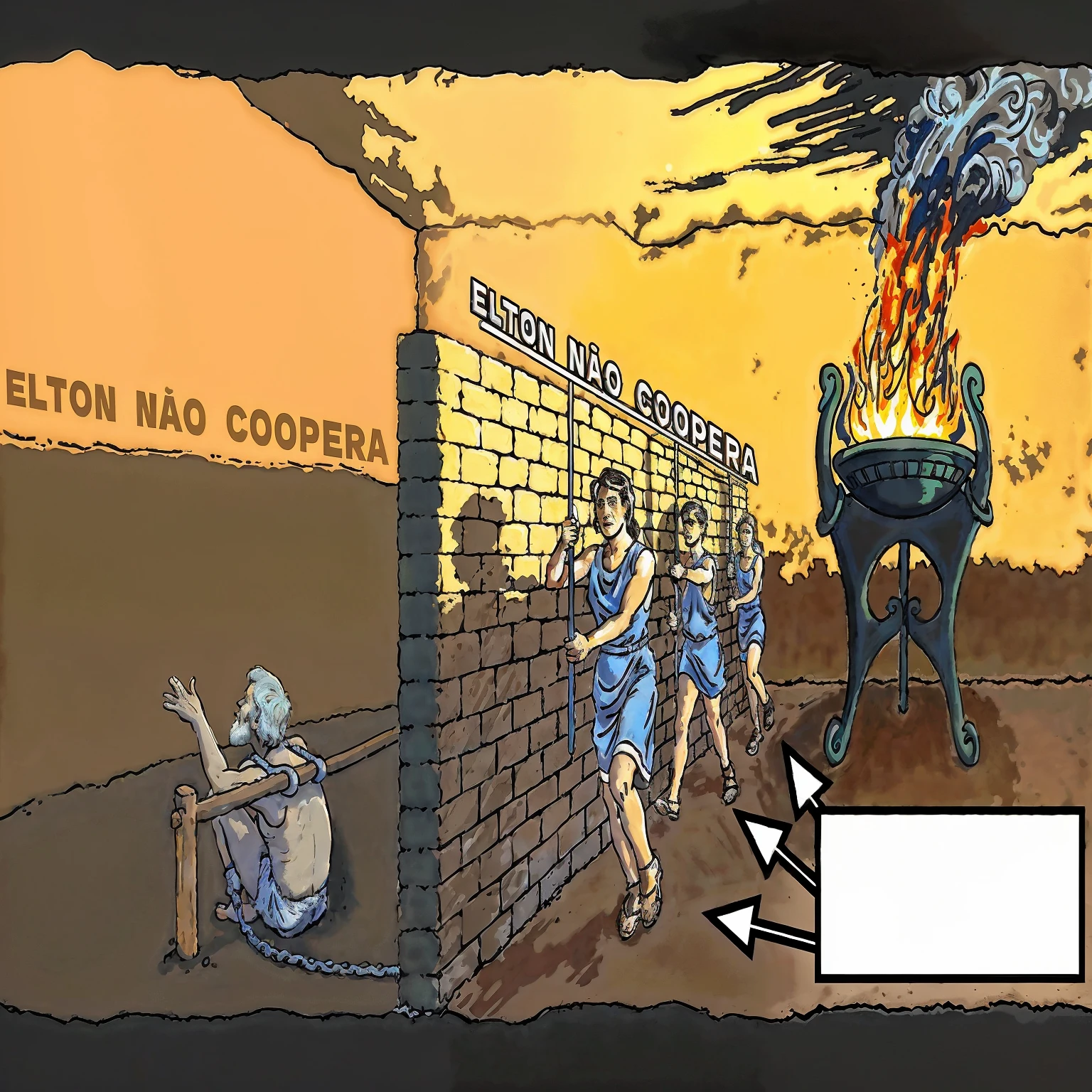 super realistic and perfection in photography. a man looking at the reflection of the shadow on the cave wall (cave myth). the phrase is "ELTON DOES NOT COOPERATE". the fire reflects on the wall the remains of the sentence that the assistants are supporting with their hands. the man who sees the shadow is amazed at what he reads in the reflection on the wall.
