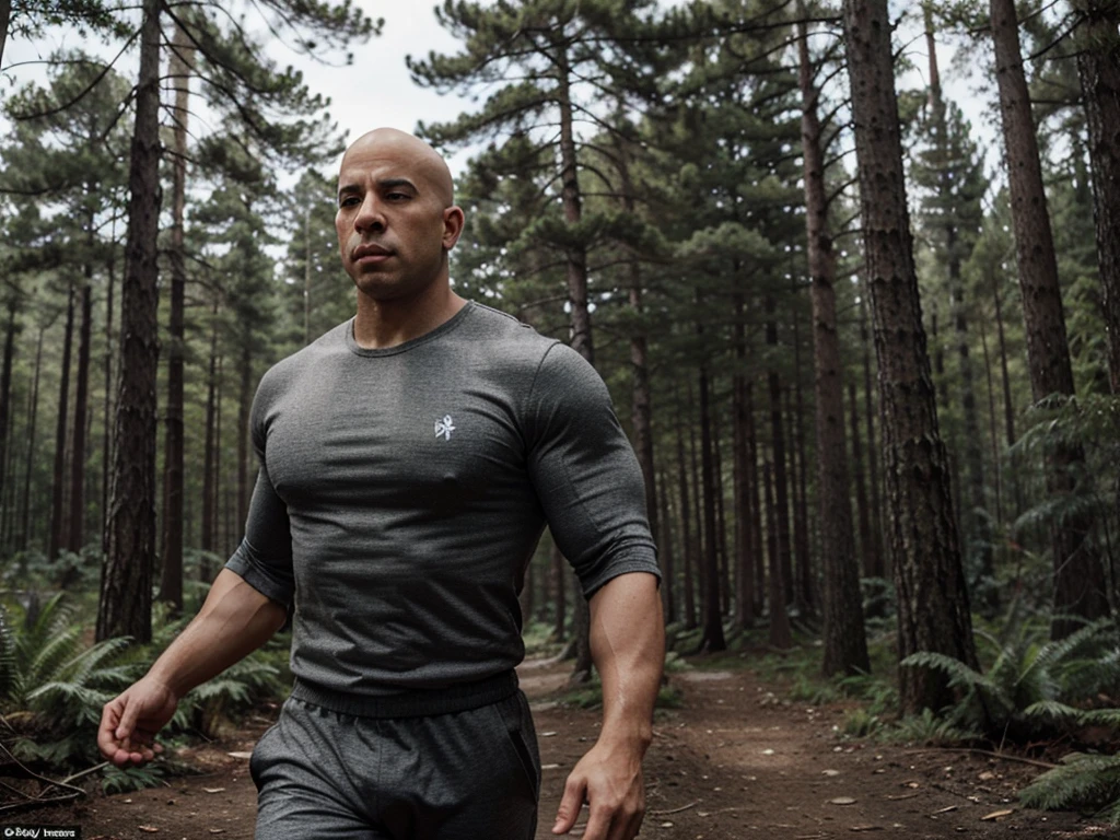 A bald man with defined and trained muscles dressed in gray and black floating in the middle of a pine forest with a serious look and resembling Vin Diesel as if he is going to fly over the Terrain, he is floating above the forest
