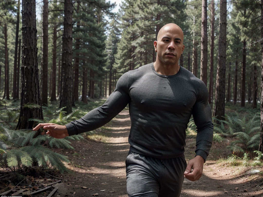 A bald man with defined and trained muscles dressed in gray and black floating in the middle of a pine forest with a serious look and resembling Vin Diesel as if he is going to fly over the Terrain, he is floating above the forest 