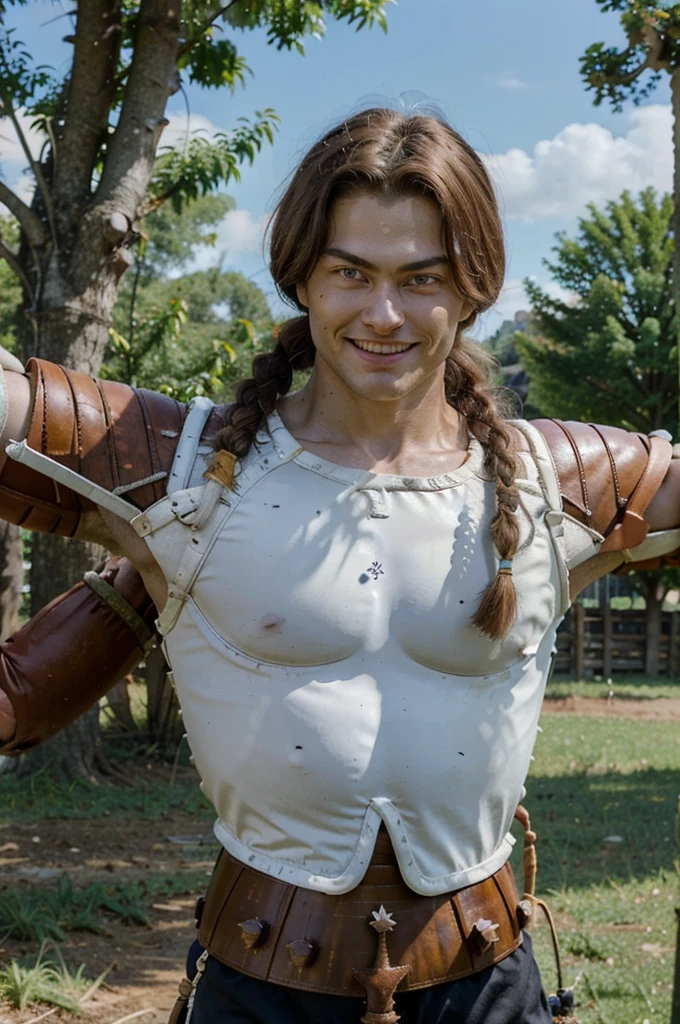 Jeess, 1boy,red skin, muscular male, white hair, voluminous hair, black eyes, single braids, cowboy shot, smile, forest, tree, grass, flowers, looking at viewer, (best quality, masterpiece)(((sayan armor))).