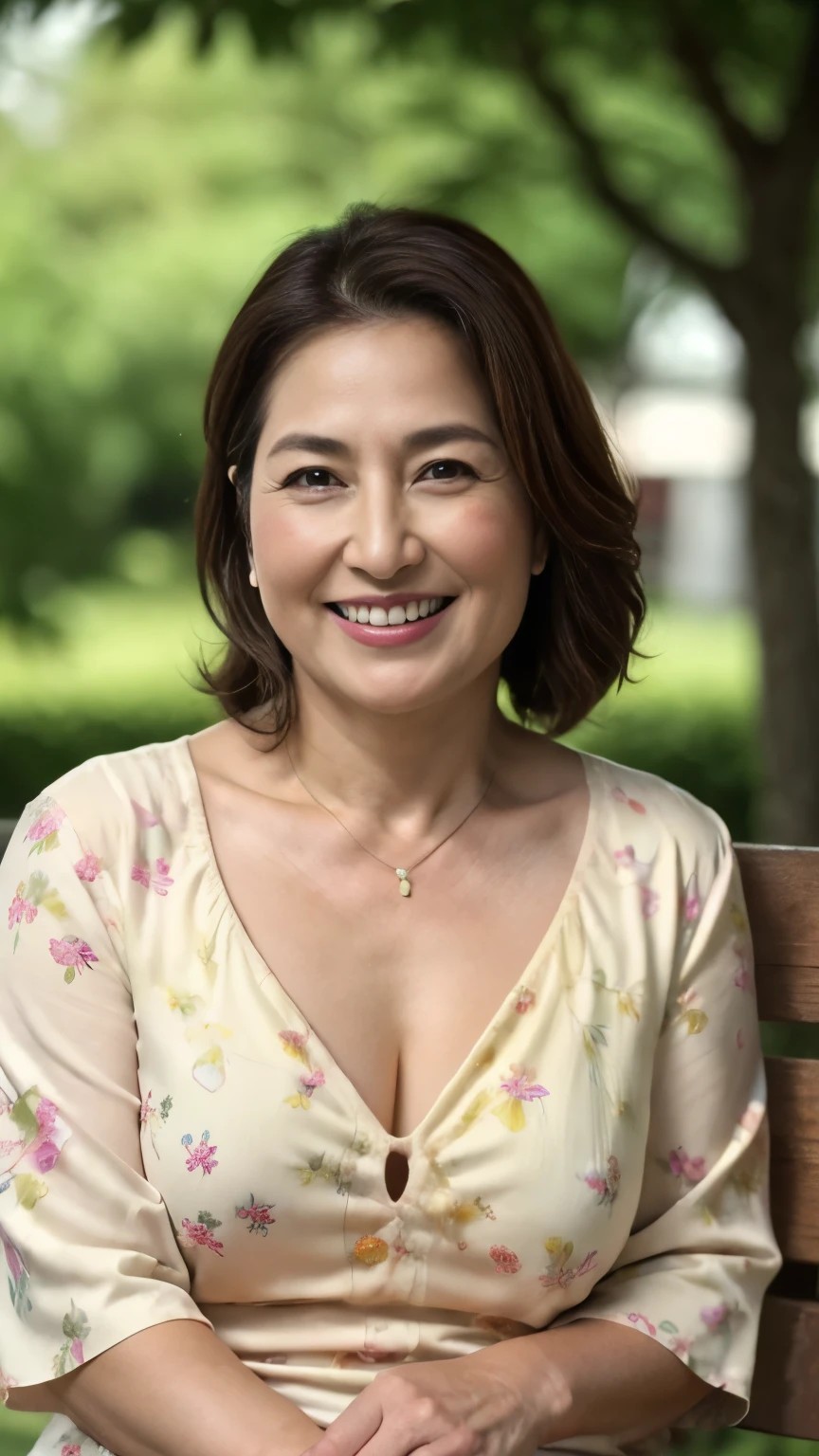 8k wallpaper, masterpiece, Highest quality, Super detailed, One Mature Woman, 50 years old, Become very clear, Wearing a short-sleeved blouse, Skin dents, Captivating smile, Looking at the audience, Cleavage, plump, Curvaceous, Fascinating face, Smiling with teeth showing, Wrinkles around the eyes, Sitting on a park bench, Background Blur