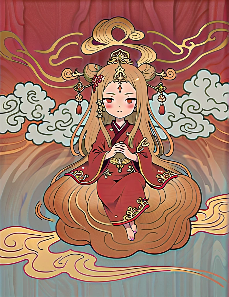 Dunhuang art style illustration,Tiny little monk sitting on the giant hand of Guanyin,Nestled in the rolling ripples,extremely delicate brushstrokes, Soft and smooth,Chinese Red and Indigo,The background is covered with auspicious cloud patterns painted with gold foil ,Negi