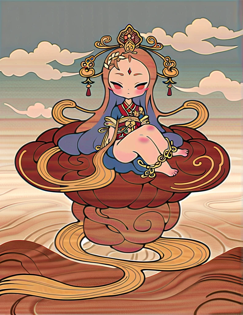 Dunhuang art style illustration,Tiny little monk sitting on the giant hand of Guanyin,Nestled in the rolling ripples,extremely delicate brushstrokes, Soft and smooth,Chinese Red and Indigo,The background is covered with auspicious cloud patterns painted with gold foil ,Negi
