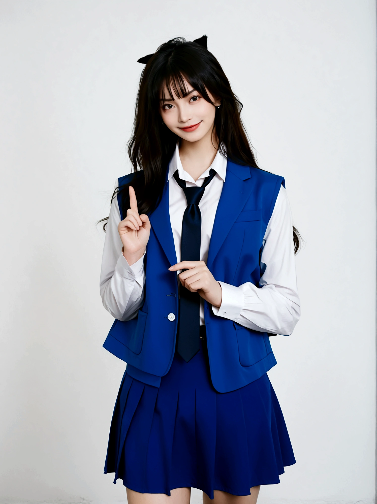 1girl, solo, long hair, looking at viewer, smile, skirt, simple background, shirt, black hair, thighhighs, jacket, white shirt, necktie, blue skirt, formal, blue jacket, black background, index finger raised