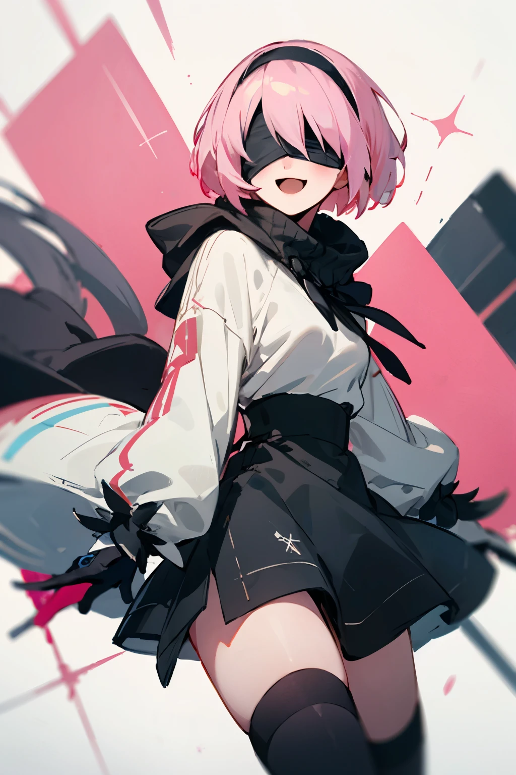 2B_NA, pink hair, black blindfold, black hairband, with a white sweatshirt, with long black socks, happy