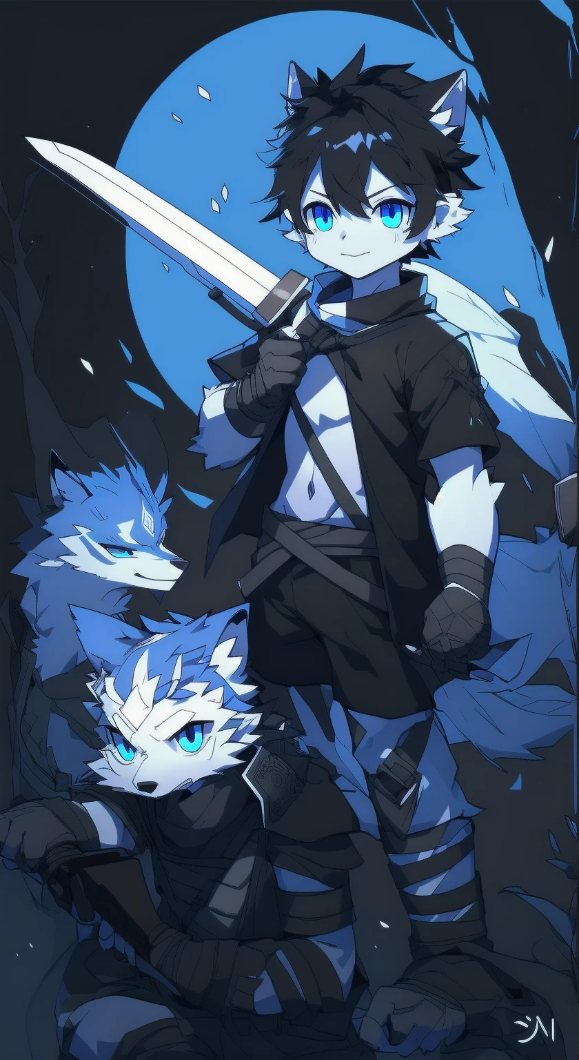 White Wolf,black hair,Sky blue eyes,hairy,Wolf ears,Wolf tail,Full body portrait,The character is in the center of the frame,Handsome,Confident eye***but,juvenile,Black and white combat uniform,Red neck bib,Black shorts,Short sleeve,hairy arms and legs,Dark background,Dark battlefield,dawn,sunrise,dawn,illumination,shadow,Swordsman,Scabbard and Hold the hilt of a in your hand,The scabbard is at the waist,Highest quality,A tall stature