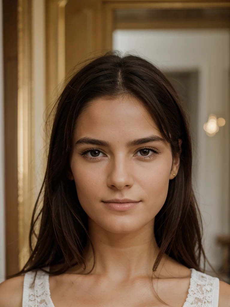 Portrait très détaillé d'une très belle fille portant un haut court à manches longues et épaules dénudées de couleur rouge avec un jean, assis dans une cabine de première classe très luxueuse dans un vol privé, très beau visage délicat avec un maquillage parfait, lèvres rouges, Décolleté exposé, silhouette de sablier parfaite, peau ultraréaliste, Longs cheveux bruns, assis dans une cabine de première classe très luxueuse dans un vol privé la nuit, souriant au spectateur