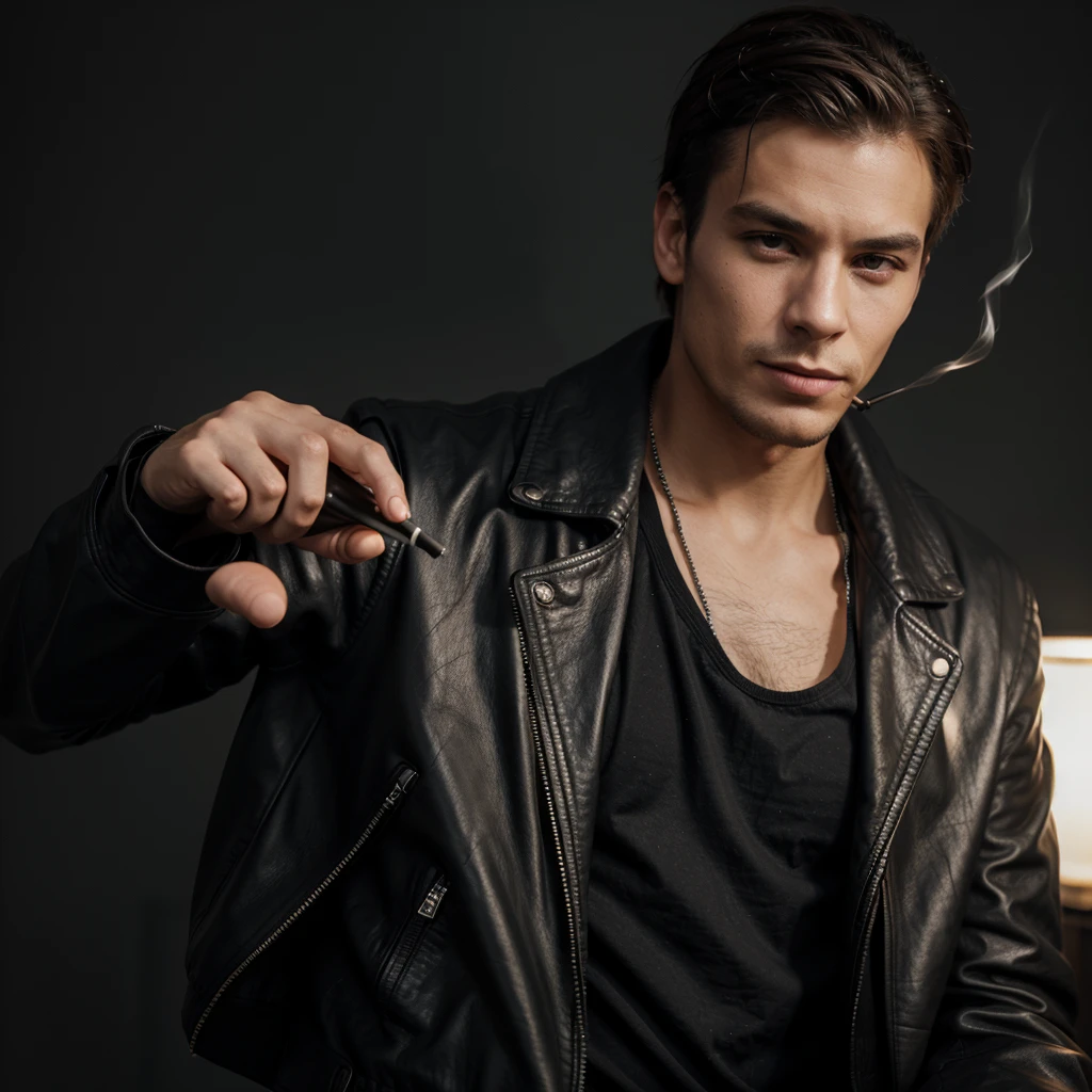 handosome male, holding cigarette, alone, chill expression, black leather jacket, metal hand sign