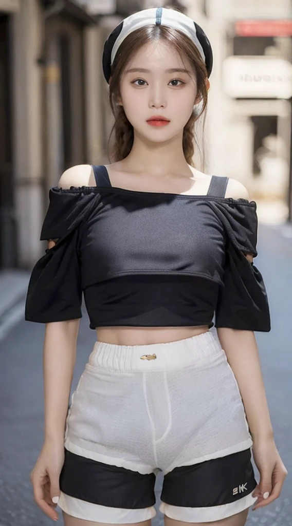 ((best qualityer, 8K, work of art: 1.3)), (Flower Cap: 1.3), focusing: 1.2, Perfect Body Beauty: 1.4, Buttocks: 1.2, (layered hair cut: 1.2)), (Dark Street: 1.3), Highly detailed texture of face and skin, whole body, Delicate Eyes, Double eyelids, Whiten skin, long hair, (Round face: 1.5), (Loose cropped top, shorts: 1.6)