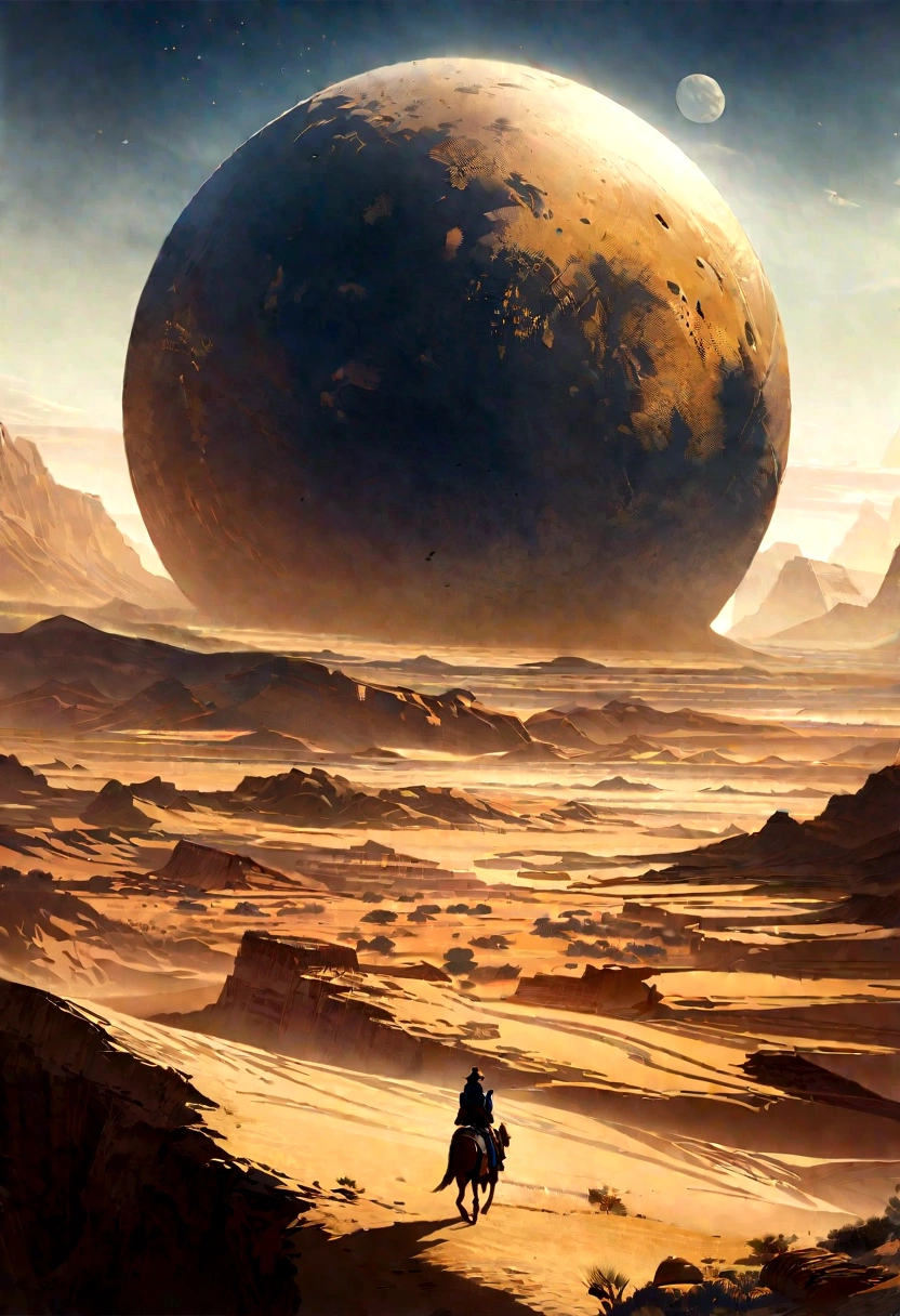 Yellow sand in the night stary sky, there are stars in the sky, there is a silhouette of a man, The background is a vast desert, there is a silhouette of a man, inspired by john avon , digital landscape art, Detailed scenery ,landscape artwork, environment design illustration, scenery art detailed, Desert oasis landscape, concept-art, 4k highly detailed digital art, 4 k digital painting, 4k digital painting, stunning digital illustration, Desert background, digital painting concept art, Detailed digital painting