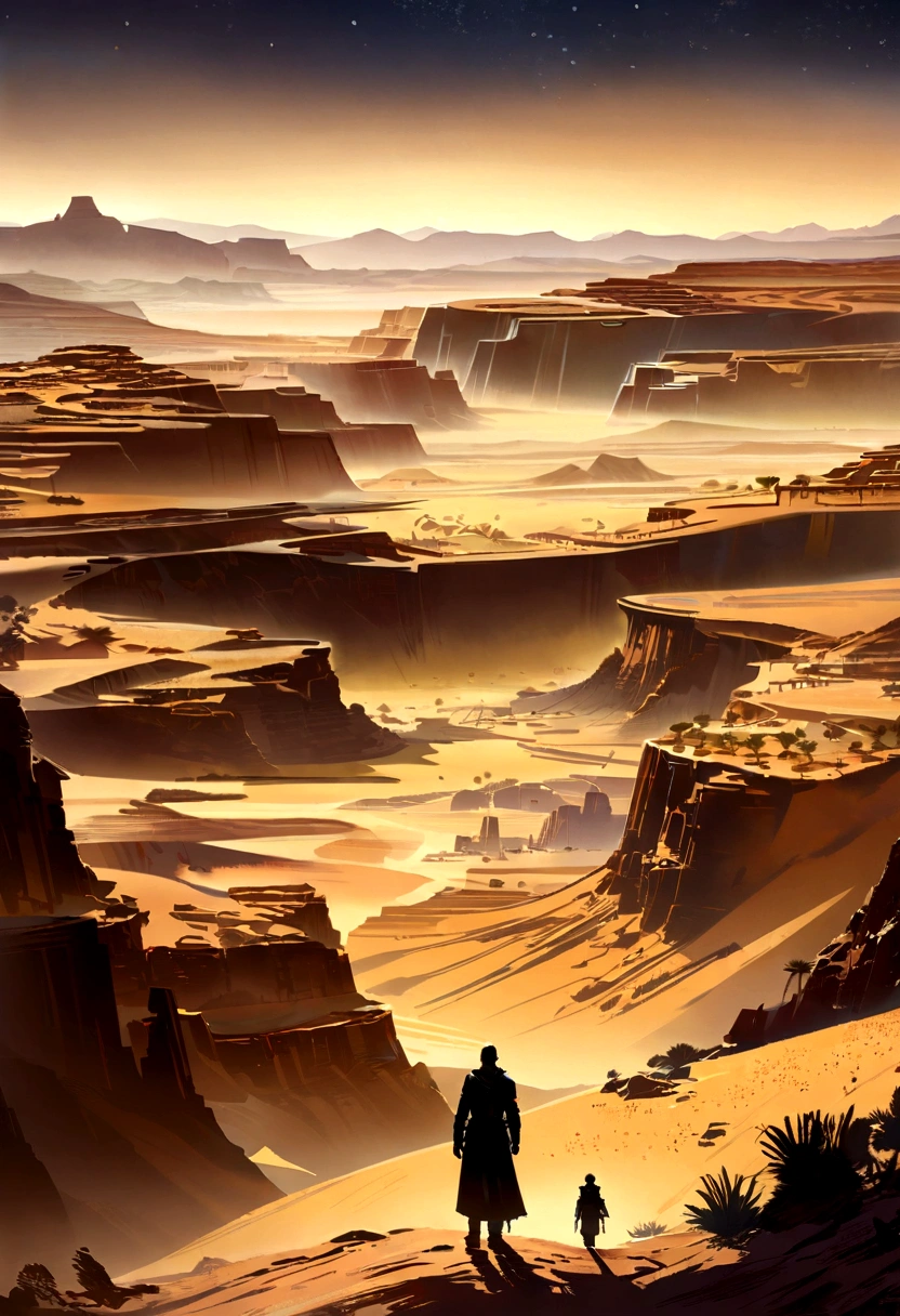 Yellow sand in the night stary sky, there are stars in the sky, there is a silhouette of a man, The background is a vast desert, there is a silhouette of a man, inspired by john avon , digital landscape art, Detailed scenery ,landscape artwork, environment design illustration, scenery art detailed, Desert oasis landscape, concept-art, 4k highly detailed digital art, 4 k digital painting, 4k digital painting, stunning digital illustration, Desert background, digital painting concept art, Detailed digital painting