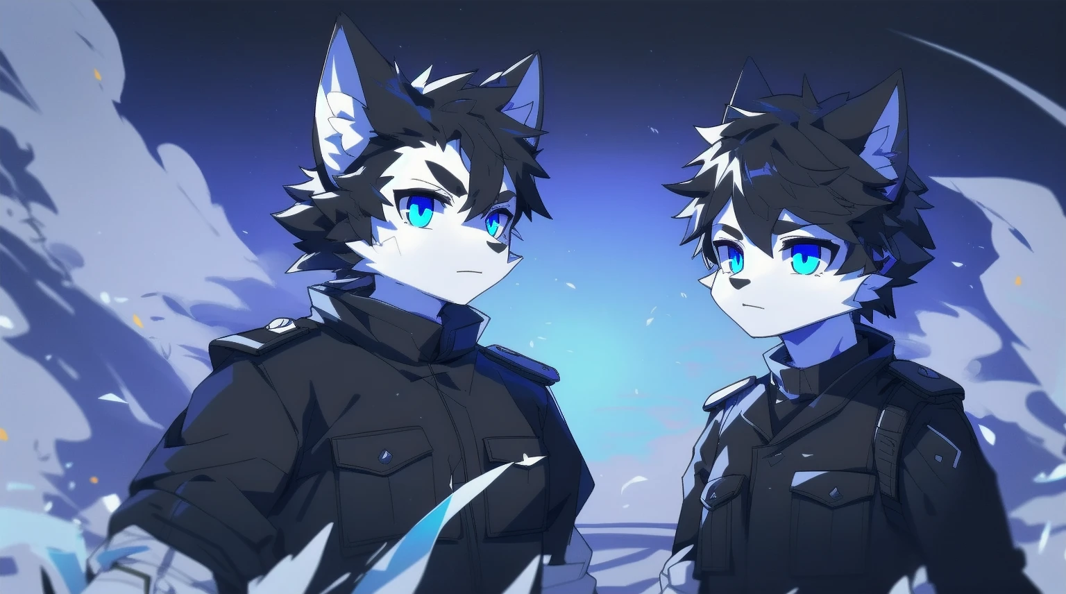 White Wolf，black hair，Sky blue eyes，hairy，Wolf ears，Wolf tail，Full body portrait，The character is in the center of the frame，Handsome，Confident eye***but，juvenile，Black and white combat uniform，Red neck bib，Black shorts，Short sleeve，hairy arms and legs，Dark background，Dark battlefield，dawn，sunrise，dawn，illumination，shadow，Swordsman，Scabbard and Hold the hilt of a in your hand，The scabbard is at the waist，Highest quality,A tall stature