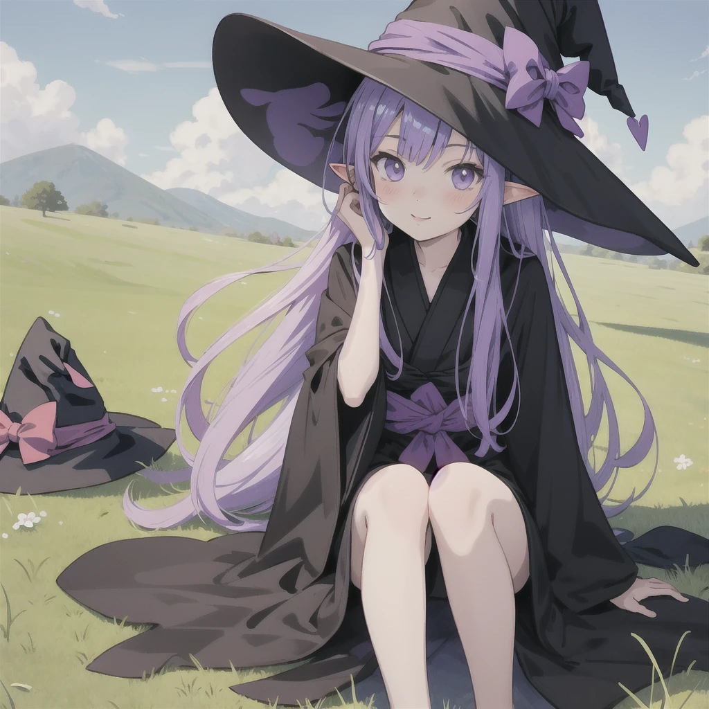 anime girl long purple hair wearing a black Robe. she has pointy ears. Witch Hat. Manga kawaii. iridescent ,An illustration, 0ne person .Sitting in the grass, hair blowing in the wind