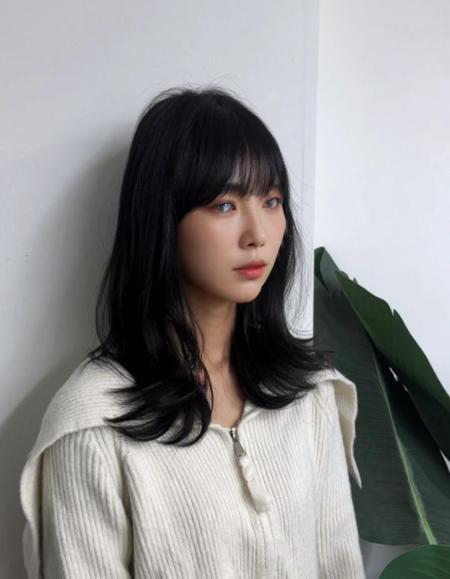 Best Quality, 8k, Masterpiece, (Portrait: 1.3), (photo realistic:1.4), (hyper realistic:1.4), Sharp Focus, looking at viewer, (smoother lighting:1.1), (increase cinematic lighting quality:0.9), realistic lighting, backlighting, light on face, ray trace, (brightening light:1.2), (Increase quality:1.4), sharp detail, (best quality real texture skin:1.4), finely detailed eyes, black_eyes, finely detailed face, 25 year old Korean woman