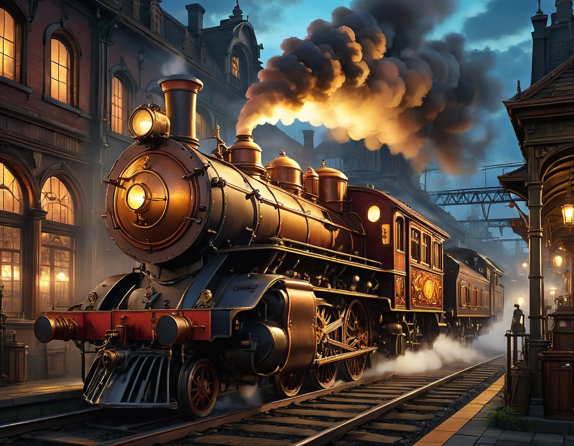 steampunk art pictures, Wide Shot,  intense details, highly detailed, Realistic, Highest quality, High resolution, reflected light, Attention to detail, Highest quality, 16K, [ultra detailed], masterpiece, Highest quality, (extremely detailed), ultra Wide Shot, Realistic, born, Realistic芸術,((Highest quality)), ((masterpiece)), (detailed), Steam is rising、steam locomotive、There is no one、station、gaslight、night、