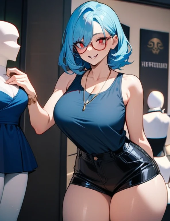 (masterpiece), best quality, expressive eyes, perfect succubus girl hybrid face, long cyan and blue hair, reddish red eyes, glasses, happy, navy blue tank top, gold necklace between her breasts, black sports mini shorts, perfect big breasts, thick thighs, big perfect ass, boutique, holding a mannequin,she is the mannequin, nfsw