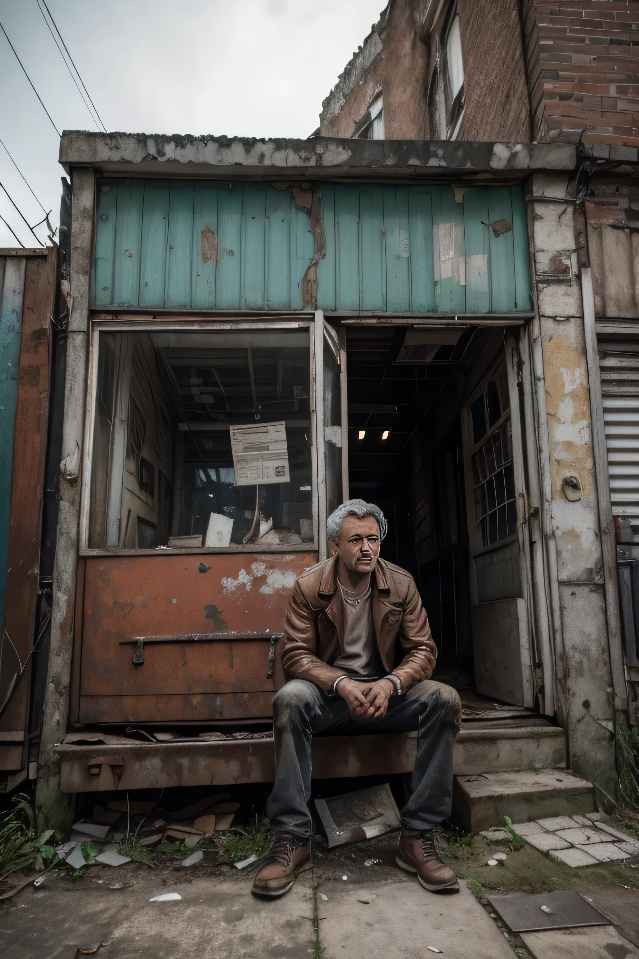 man sitting with disappointment expression, behind an old store with an abandoned appearance (rust, old products) and which has been surpassed by the technology that is in front of you, a store with artificial intelligence, the image must have a cinematic appearance and 8k resolution