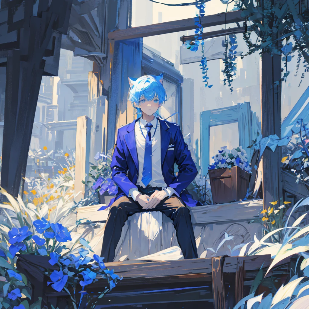 a cat man, short white and blue hair, wearing a black jacket and tie, sitting in the flower garden, bust upppp