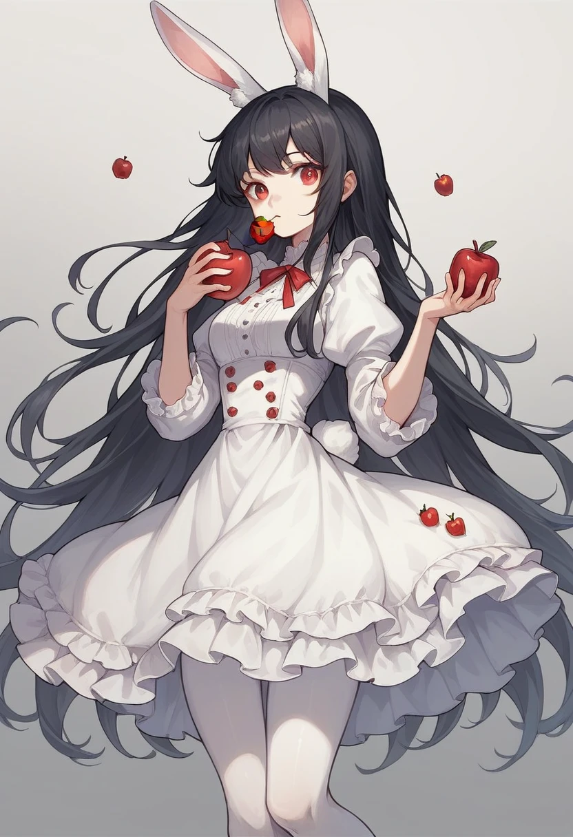 1girl,animal ears,apple,black hair,cherry,dress,food,fruit,gradient,gradient background,grey background,holding food,holding fruit,long hair,pantyhose,rabbit ears,red apple,solo,strawberry,very long hair,white legwear